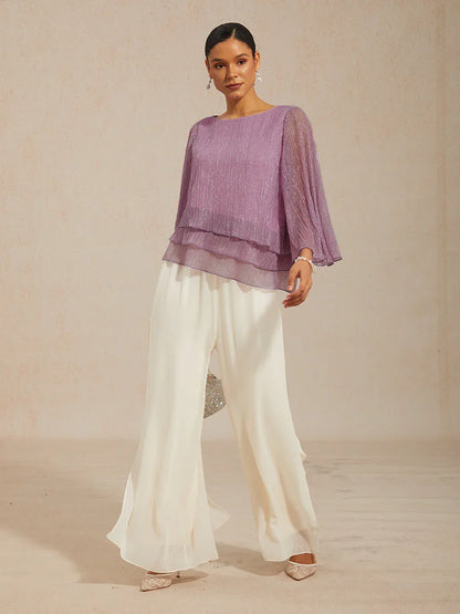 Metallic Pleated Chiffon Asymmetrical Layered Blouse