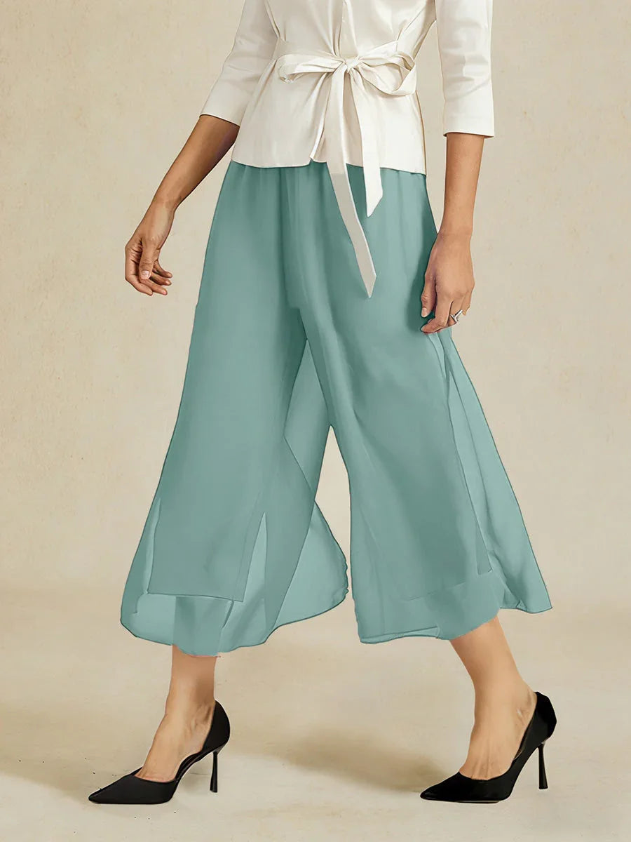 Cropped Length Straight Leg Pant With Chiffon Split Leg Overlay