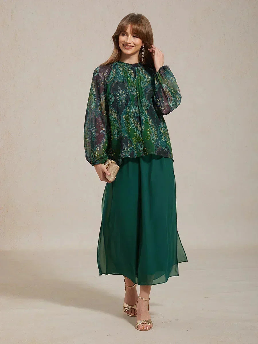 Cropped Length Straight Leg Pant With Chiffon Split Leg Overlay