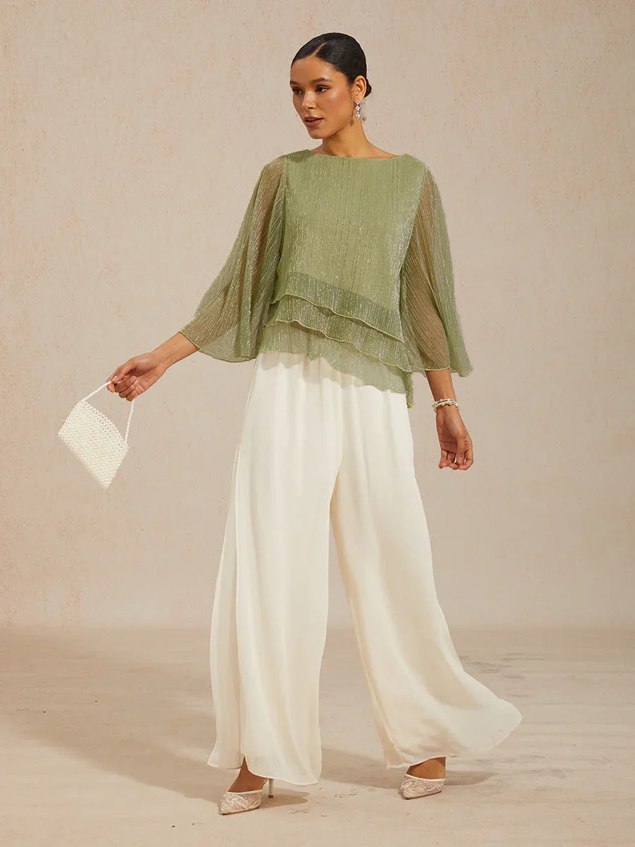 Asymmetrische Lagenbluse aus metallisch schimmerndem, plissiertem Chiffon