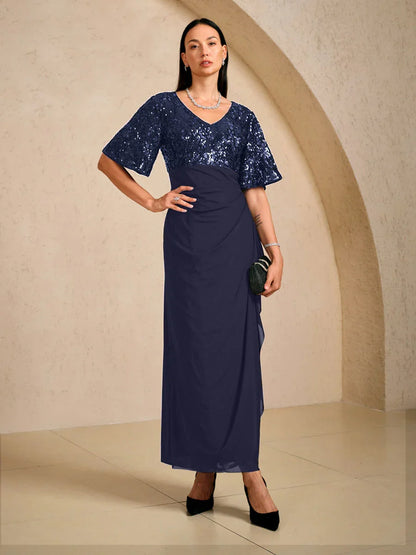 Embroidered Sequin Empire Waist Gown with Flutter Sleeves