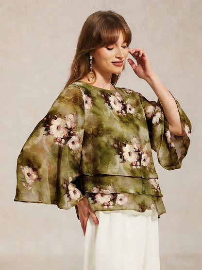 Lace Chiffon Layered Blouse with Floral Print