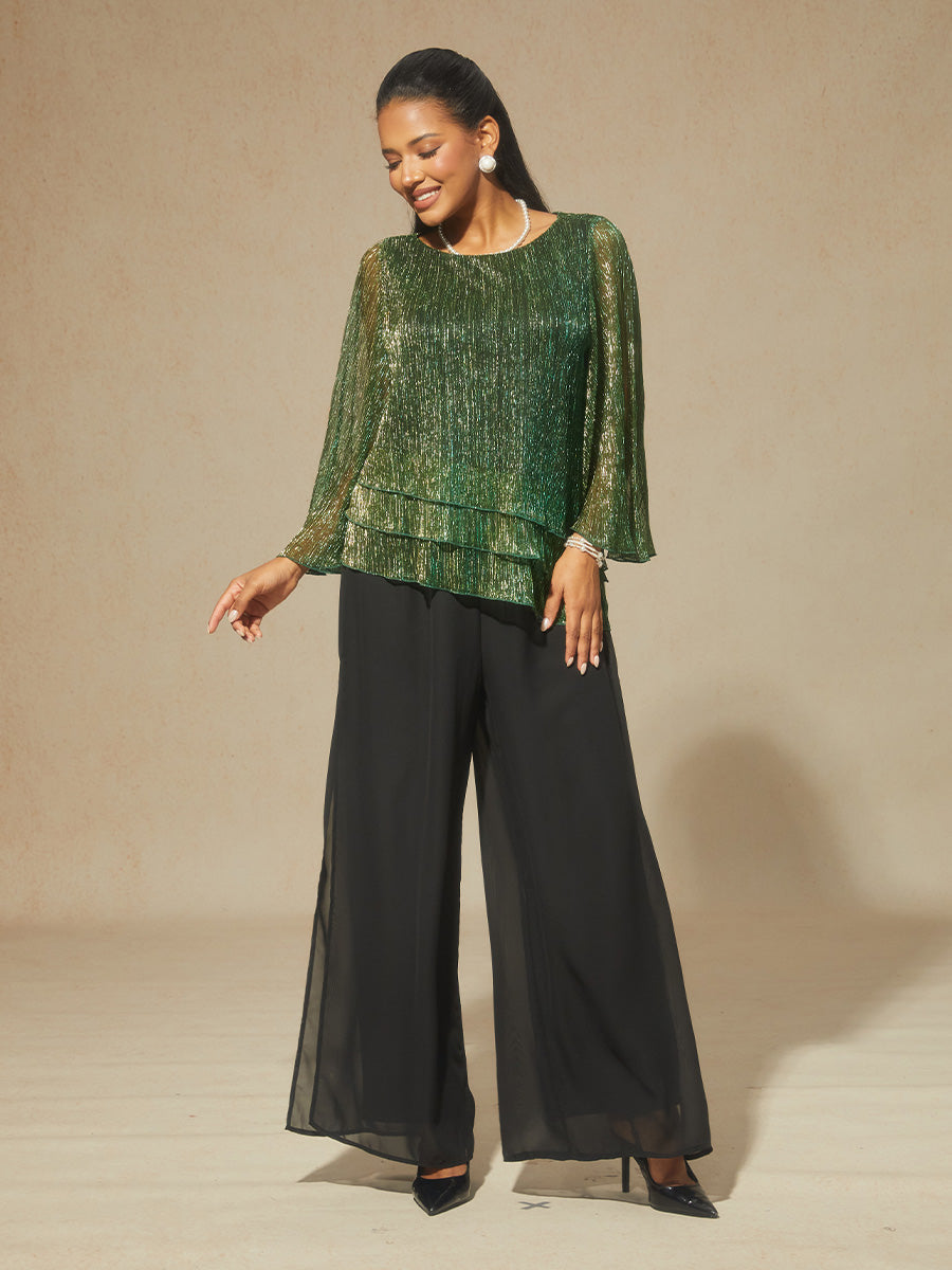 Metallic Pleated Chiffon Asymmetrical Layered Blouse