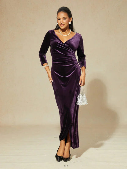 Long Stretch Velvet Evening Dress with 3/4 Sleeves