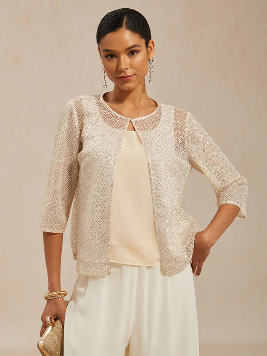 Sequin Mesh Round Neck 3/4 Sleeve Twinset