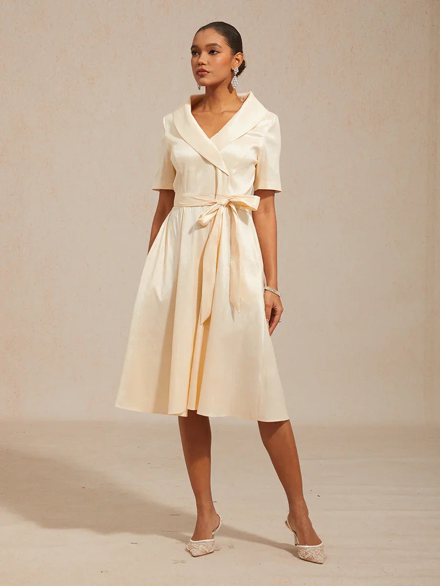 Collar Stretch Taffeta Dress with Tie Waist Belt