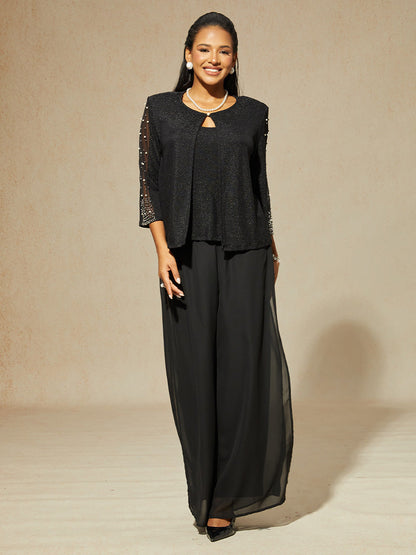Beaded 3/4 Sleeve Metallic Knit Blouse