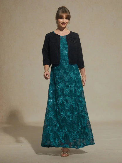 Rosette Lace A-Line Gown with Sequin Embellishment