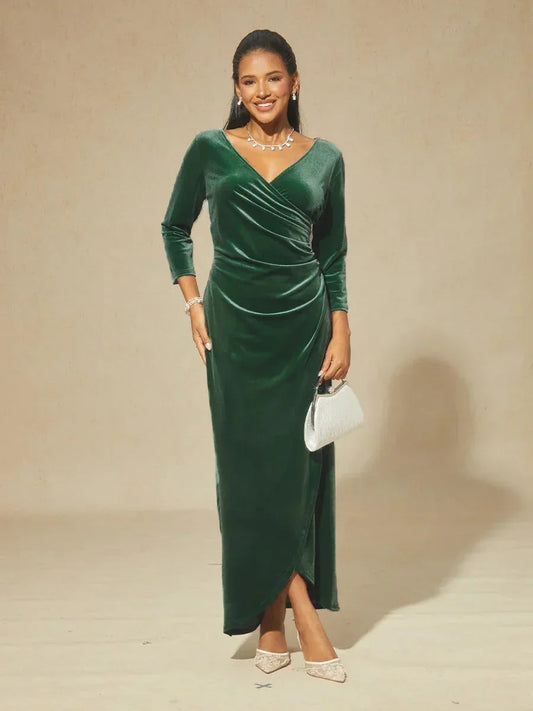 Long Stretch Velvet Evening Dress with 3/4 Sleeves