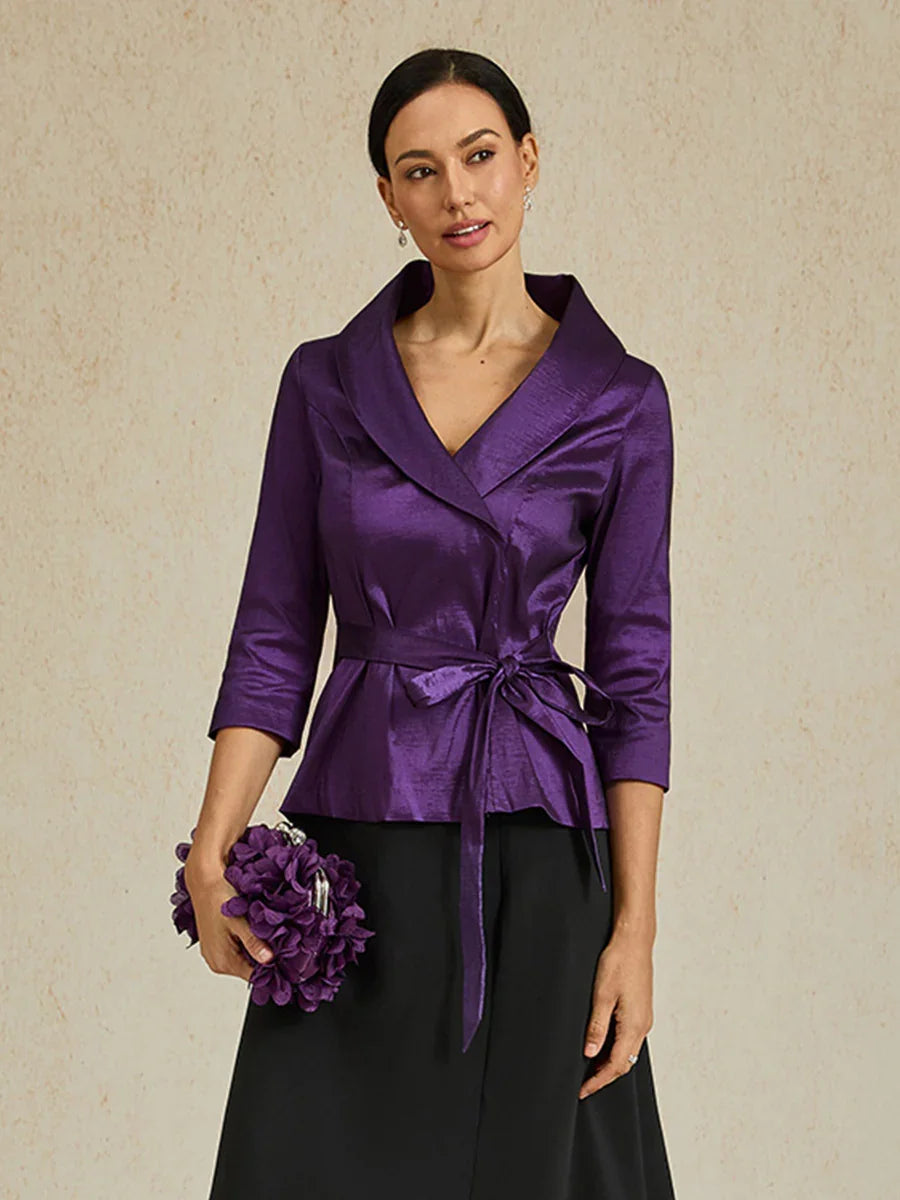 3/4 Sleeve Stretch Taffeta Blouse with Tie Waist Detail