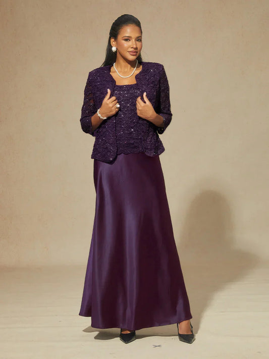 Robe veste trapèze en satin et dentelle pailletée