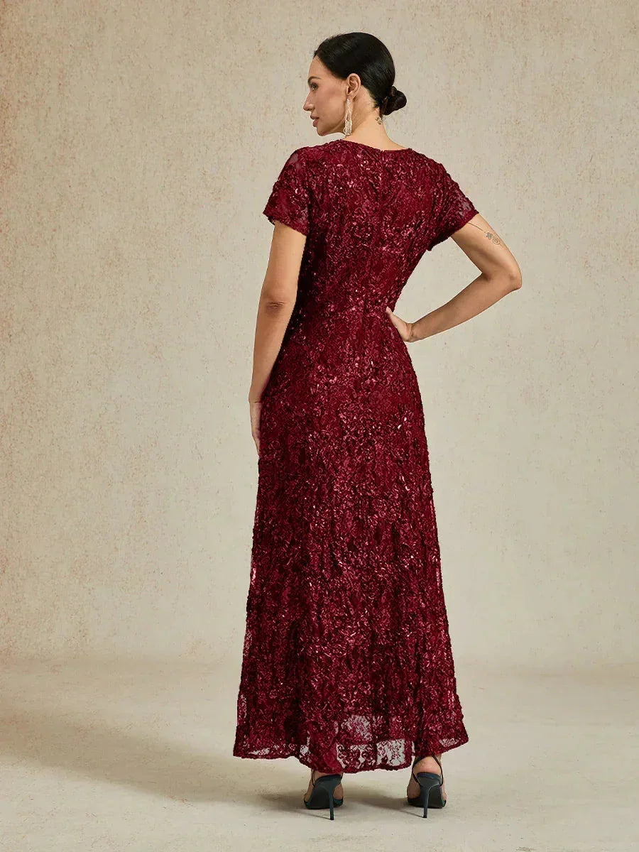 Rosette Lace A-Line Gown with Sequin Embellishment