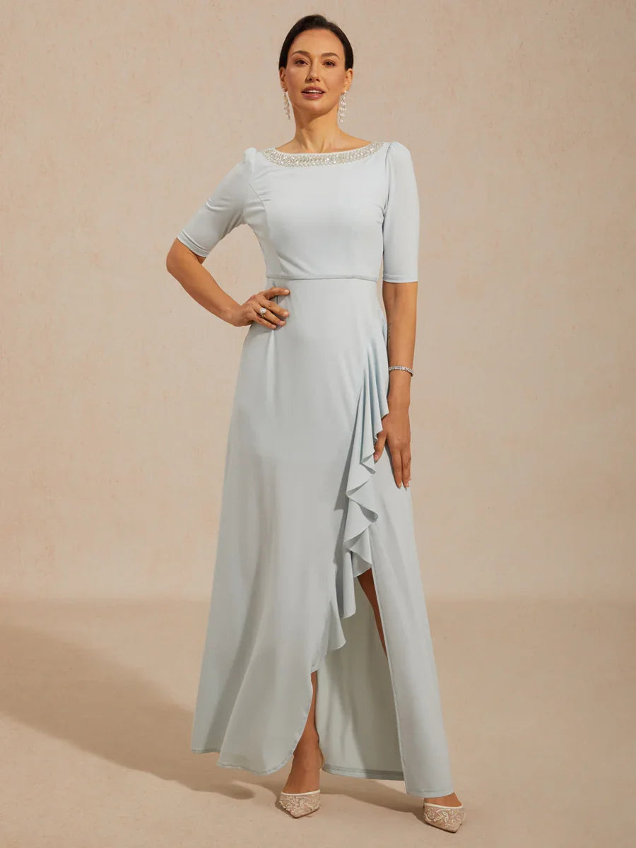 Boat Neck Ruffle A-Line Maxi Dress with Rhinestone Neck Detail