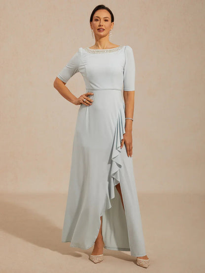 Boat Neck Ruffle A-Line Maxi Dress with Rhinestone Neck Detail