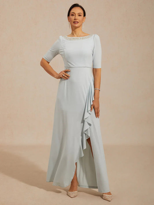 Boat Neck Ruffle A-Line Maxi Dress with Rhinestone Neck Detail