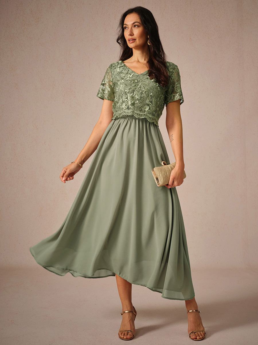 Chiffon Lace V Neck Short Sleeve Flared Midi Dress