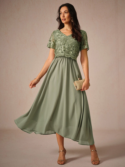 Chiffon Lace V Neck Short Sleeve Flared Midi Dress