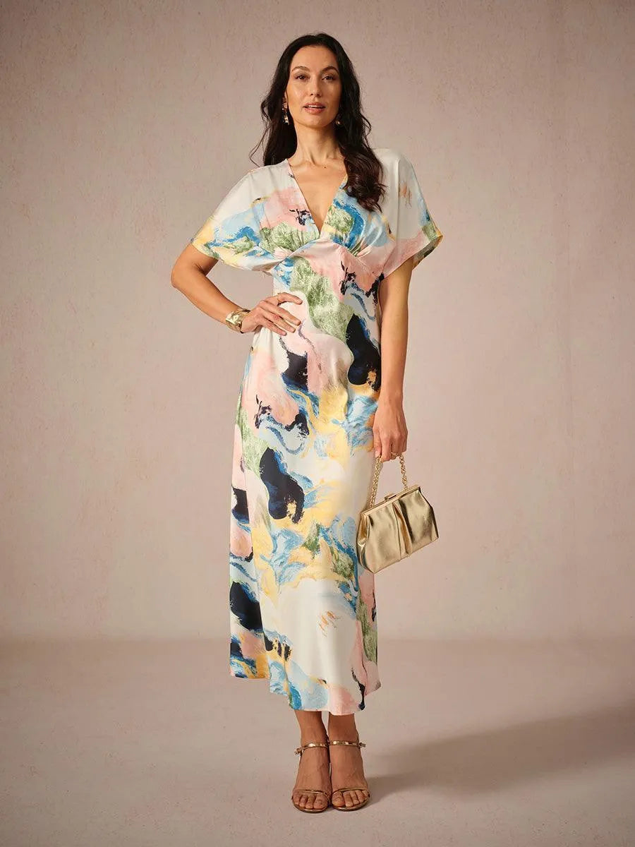 Satin Tie Dye Marble Print Maxi Dress