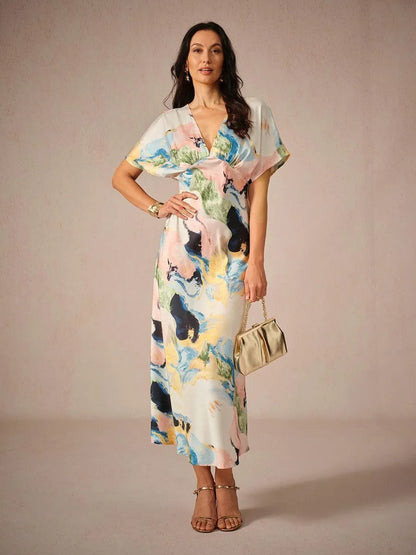 Satin Tie Dye Marble Print Maxi Dress