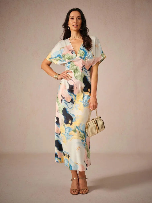 Satin Tie Dye Marble Print Maxi Dress