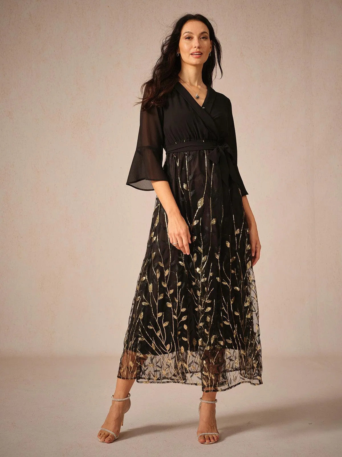 Navy Sequins Mesh Midi Dress