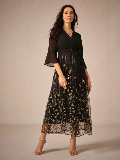 Navy Sequins Mesh Midi Dress