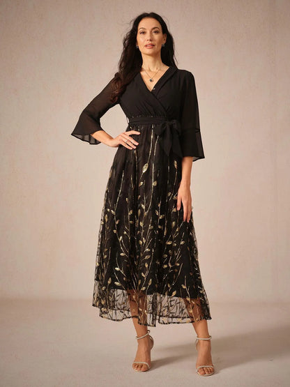 Navy Sequins Mesh Midi Dress