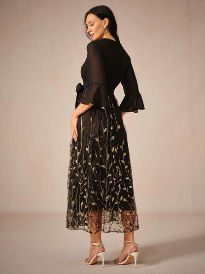 Navy Sequins Mesh Midi Dress
