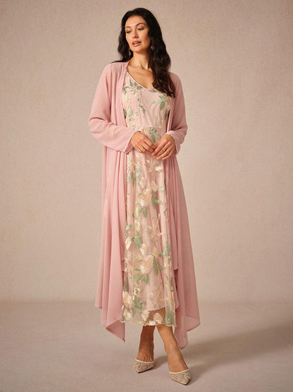 Chiffon-Kleid-Set mit bestickter Spitze
