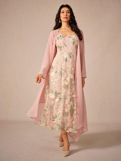 Chiffon-Kleid-Set mit bestickter Spitze