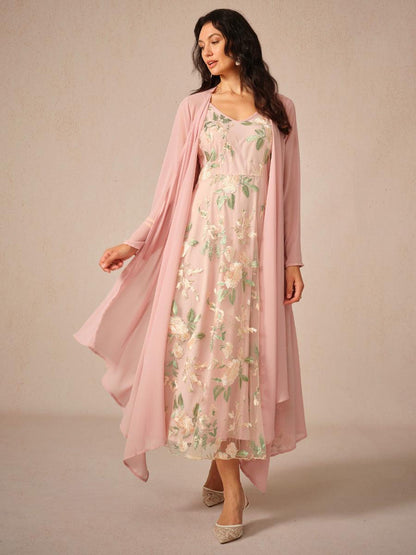 Chiffon-Kleid-Set mit bestickter Spitze