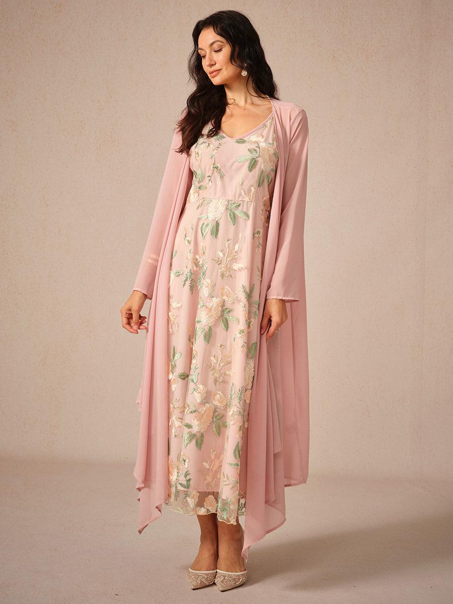 Chiffon-Kleid-Set mit bestickter Spitze