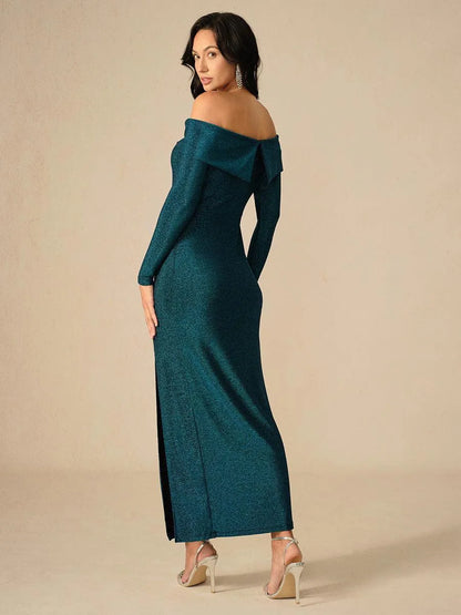 Elegant Teal Off-Shoulder Ruched Gown
