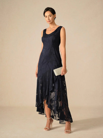 Navy Floral Chiffon Evening Gown with Asymmetrical Hem