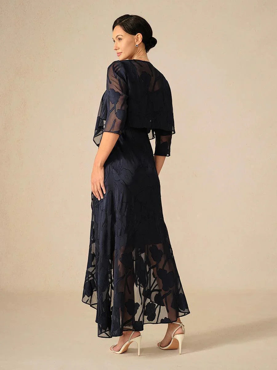 Navy Floral Chiffon Evening Gown with Asymmetrical Hem