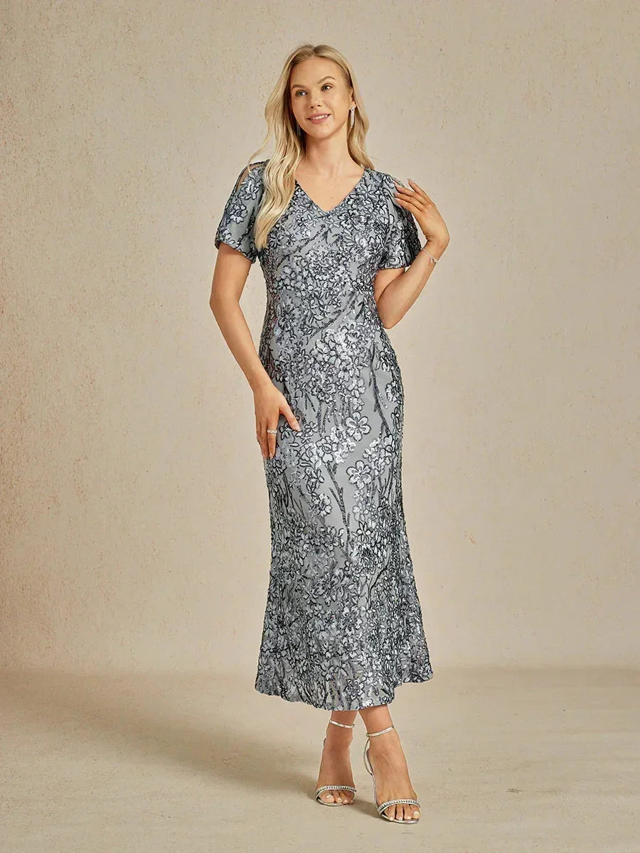Elegant V-Neck Cold Shoulder Sequin Dress