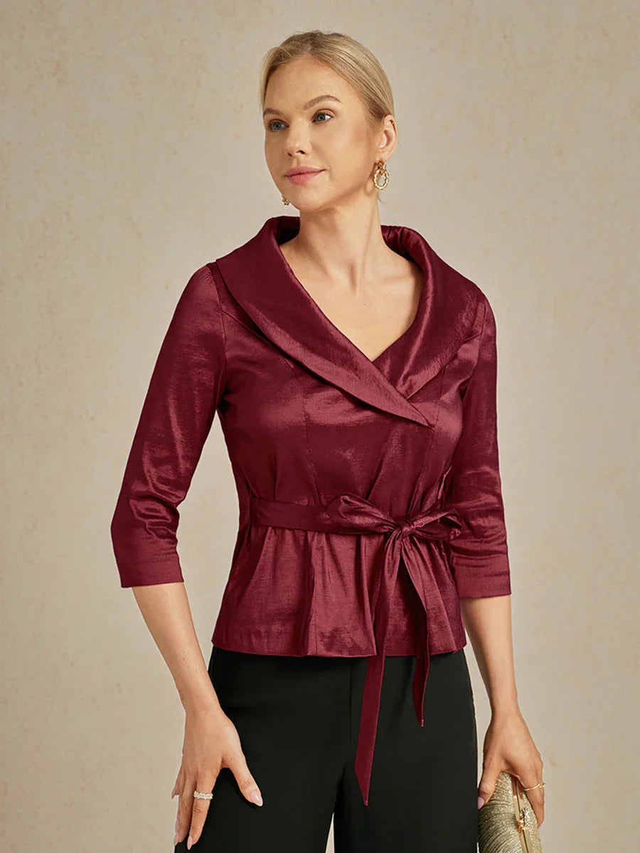 3/4 Sleeve Stretch Taffeta Blouse with Tie Waist Detail