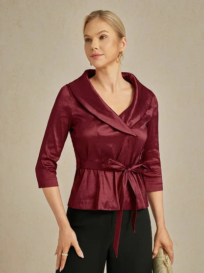 3/4 Sleeve Stretch Taffeta Blouse with Tie Waist Detail
