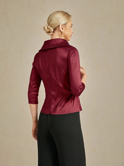 3/4 Sleeve Stretch Taffeta Blouse with Tie Waist Detail