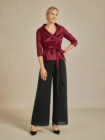 3/4 Sleeve Stretch Taffeta Blouse with Tie Waist Detail