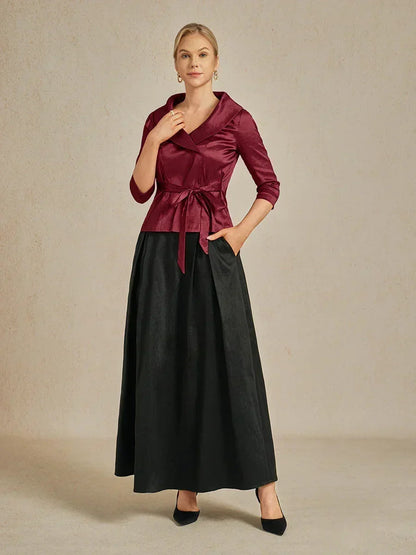 3/4 Sleeve Stretch Taffeta Blouse with Tie Waist Detail