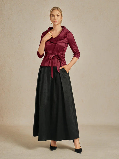 3/4 Sleeve Stretch Taffeta Blouse with Tie Waist Detail