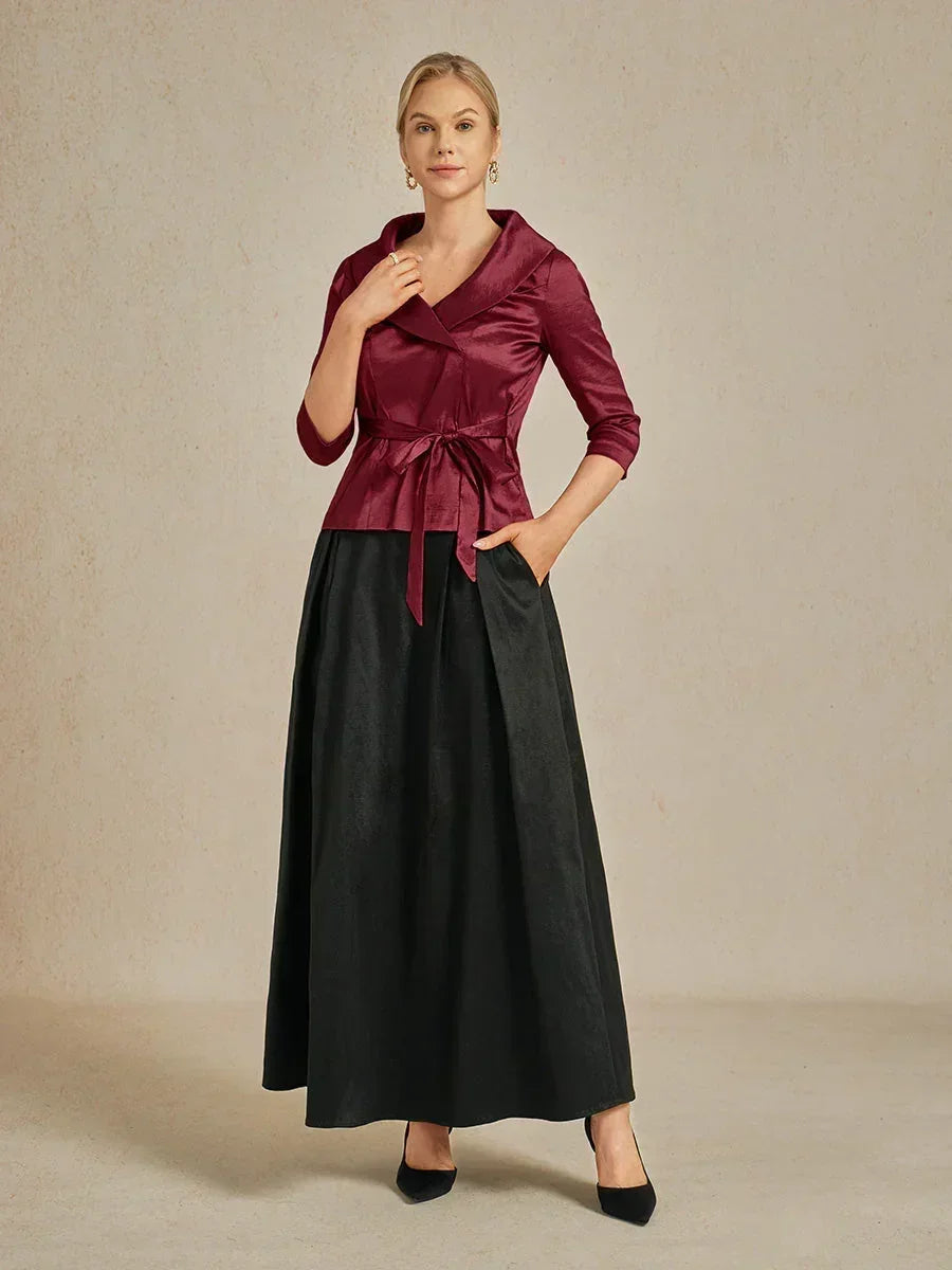 3/4 Sleeve Stretch Taffeta Blouse with Tie Waist Detail
