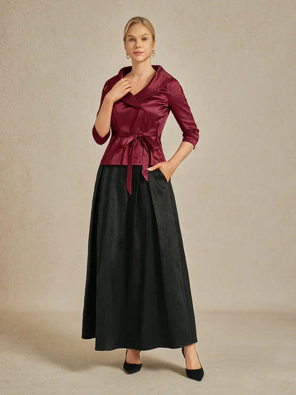 3/4 Sleeve Stretch Taffeta Blouse with Tie Waist Detail