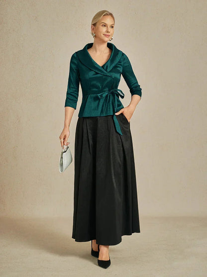 3/4 Sleeve Stretch Taffeta Blouse with Tie Waist Detail
