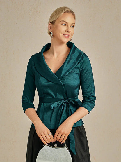 3/4 Sleeve Stretch Taffeta Blouse with Tie Waist Detail