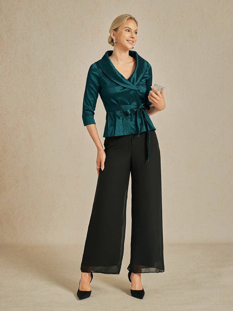 3/4 Sleeve Stretch Taffeta Blouse with Tie Waist Detail