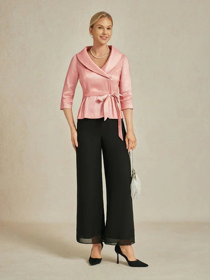 3/4 Sleeve Stretch Taffeta Blouse with Tie Waist Detail