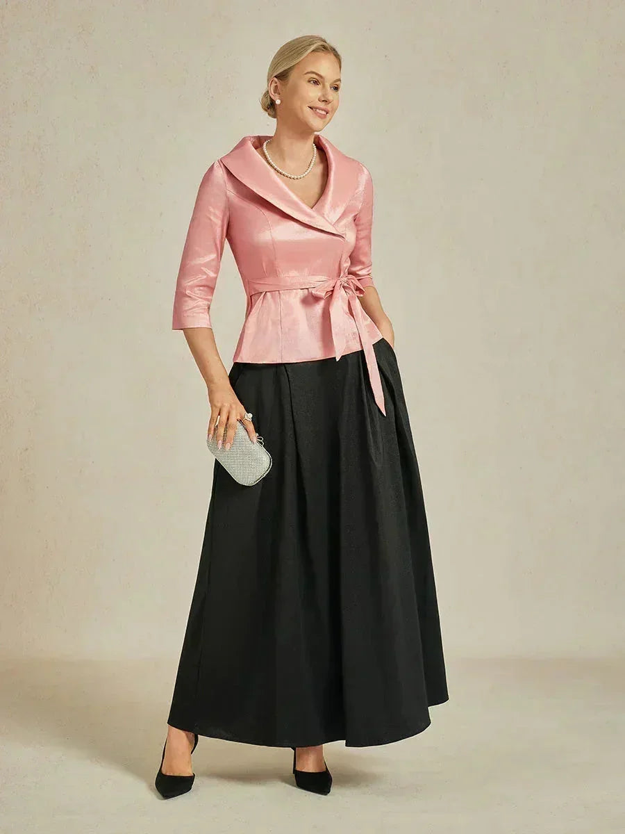 3/4 Sleeve Stretch Taffeta Blouse with Tie Waist Detail