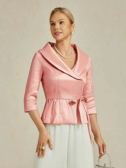 3/4 Sleeve Stretch Taffeta Blouse with Tie Waist Detail